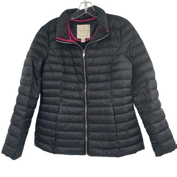 Kate Spade Quilted Down Puffer Full Zip Lightweight Hooded Jacket Black Small P - Picture 3 of 17